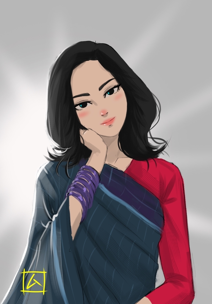 AI caption: a drawing of a woman in a blue sari, cartoon