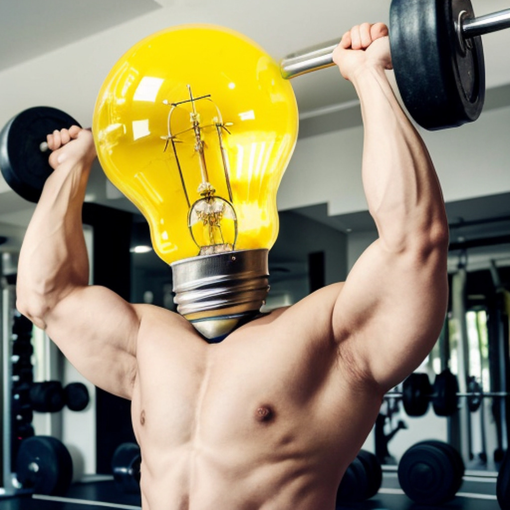 AI caption: a man lifting a barbell with a light bulb on his head, black and white