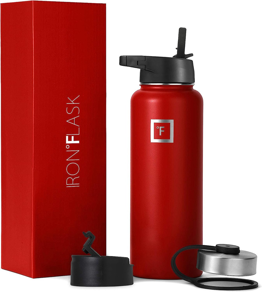 AI caption: a red water bottle with a black lid and box, a black and white image